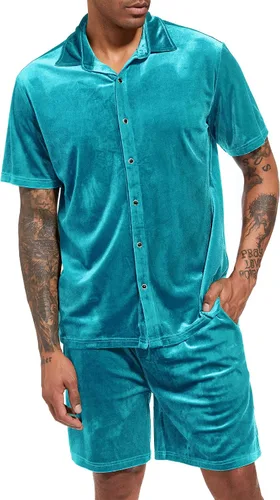 Vista 2 de LecGee Conjuntos de Pantalones Cortos Casuales de Verano para Hombres Camisa de Terciopelo de Manga Corta con Botones Pantalones Cortos de Cintura