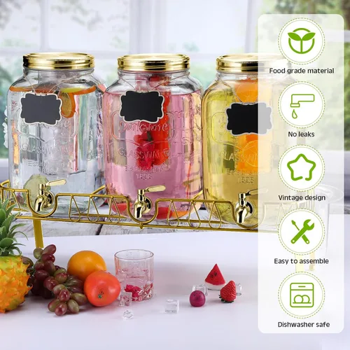 Vista 3 de Lallisa 3 dispensadores de bebidas de 2.5 galones para fiestas, dispensador de agua de bebidas de vidrio con soporte, de acero inoxidable, a prueba