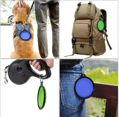 Vista 5 de Juego de cuencos plegables para mascotas, cuencos portátiles de silicona para alimentos y agua con clip de mosquetón, multicolor, diseño que ahorra