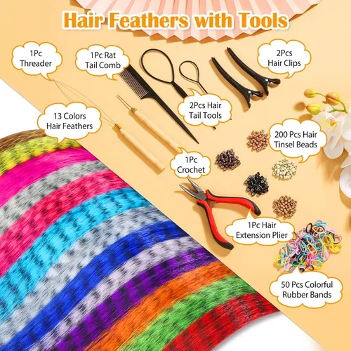 Vista 2 de Kit de 65 piezas de plumas para el cabello con herramientas para extensiones de cabello, kit de extensiones de plumas de cabello sintético largo