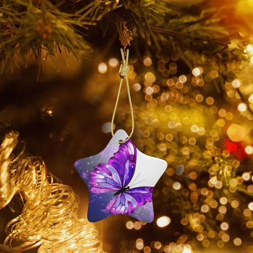 Vista 5 de Adornos de árbol de Navidad colgantes de mariposa morada, adornos de cerámica, decoración de porcelana de Navidad, adorno colgante para el hogar