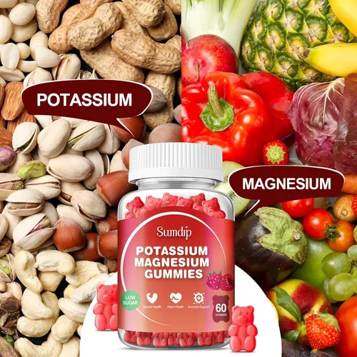 Vista 4 de Gomitas de magnesio y potasio, salud muscular y cardíaca, calambres en las piernas y sueño, suplementos de potasio, gomitas veganas sin OMG, sin