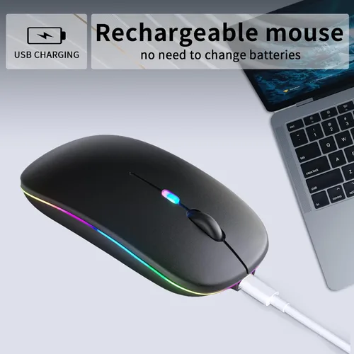 Vista 3 de KANMABPC Mouse inalámbrico Bluetooth – Recargable, silencioso, modo dual (Bluetooth 5.2 y USB) con luces LED – Portátil para laptop, escritorio
