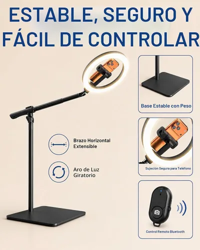 Vista 7 de Anillo de luz con soporte para escritorio, soporte de teléfono superior ajustable con trípode de luz de anillo de 10 pulgadas para iPhone, trípode