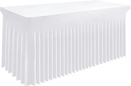 Vista 9 de Fundas de mesa ajustables de elastano de 6 pies para mesa rectangular de 72 x 30 pulgadas Falda de mesa negra, diseño de volantes, resistente al