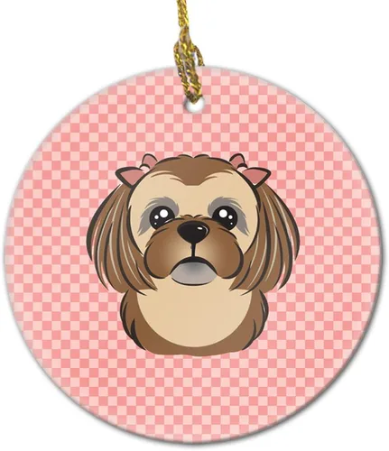Vista 76 de Caroline's Treasures Adorno de cerámica de sabueso afgano rosa de tablero de ajedrez para colgar en el árbol de Navidad, decoración para el hogar