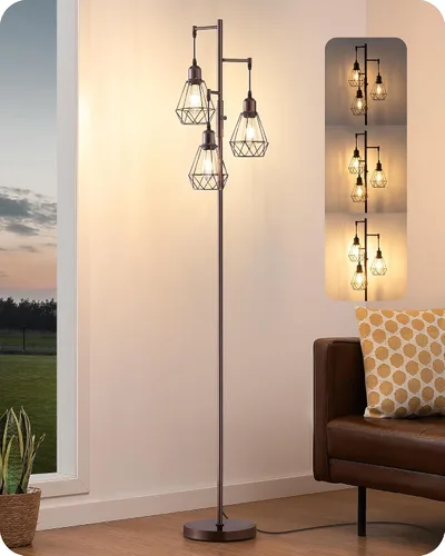 Vista 10 de EDISHINE Lámparas de Pie Estilo Granja de 70 Pulgadas para Sala de Estar, Lámparas Industriales Altas de Pie Regulables con 3 Bombillas LED Edison
