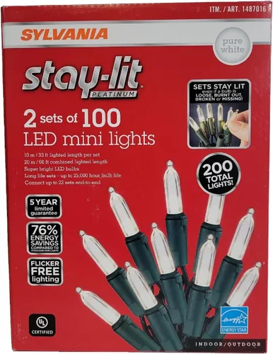 Vista 2 de Sylvania Stay-Lit Platinum - Juego de 2 miniluces LED (100 ledes), color blanco puro