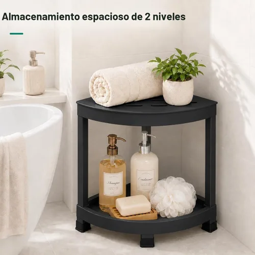 Vista 4 de CROWNFURN Reposapiés de ducha, taburete de ducha impermeable HIPS para ducha interior, banco de ducha de esquina para afeitarse piernas con estante