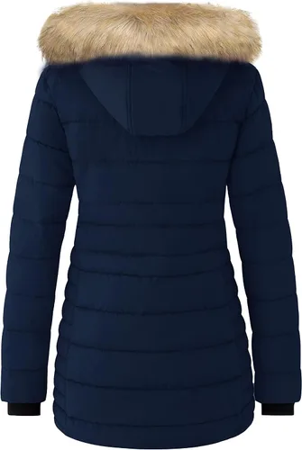 Vista 2 de wantdo Abrigo de invierno cálido para mujer, chaqueta puffer pesada tipo parka con capucha con ribete de piel