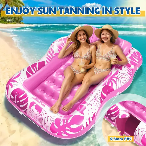 Vista 5 de Tumbona de piscina bronceadora – Flotador inflable grande de 59 x 78.7 pulgadas para adultos, bañera de sol 2 en 1 y balsa de descanso con soportes