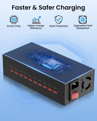 Vista 6 de Estación de carga USB-C de 200W, bloque de cargador USB de 20 puertos (10 USB A y 10 USB-C), estación de carga rápida para múltiples dispositivos