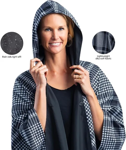 Vista 2 de RainCaper Capa de lluvia para mujer, chaqueta tipo poncho con capucha, reversible, hermosa, ultra suave