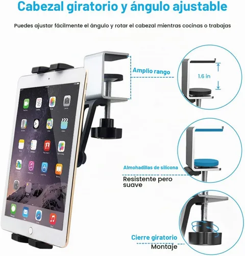 Vista 3 de Soporte para tablet de armario de cocina, soporte para tableta debajo del gabinete con abrazadera ajustable de 360° para iPad Pro Air Mini, Galaxy