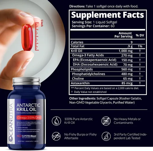 Vista 2 de Aceite de krill 100% puro 1000 mg suministro de 120 días de doble fuerza 56% fosfolípidos astaxantina sustentable antártico SuperbaBoost Omega 3 EPA