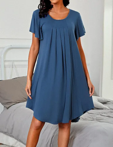Vista 2 de Marvmys Camisón de manga corta para mujer, plisado, cuello redondo, vestido de pijama corto
