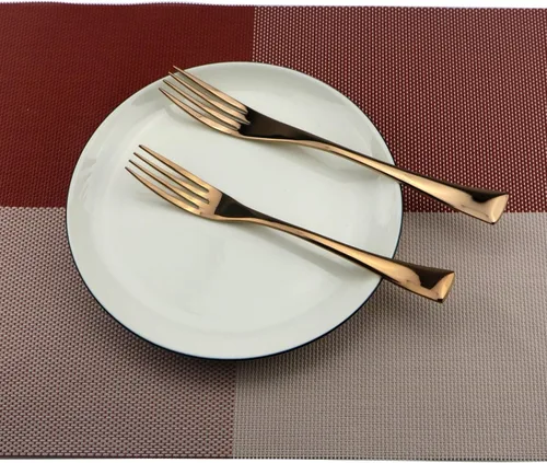 Vista 9 de Juego de cubiertos de acero inoxidable pulido de oro rosa, cuchillo de carne, tenedor, tenedor de ensalada, cuchara de postre, 24 piezas, servicio