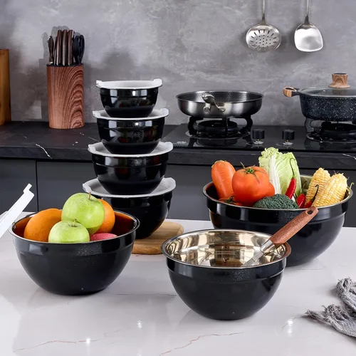 Vista 7 de Cuencos Negros para Mezclar con Tapas Herméticas, Cuenco de Acero Inoxidable, Cuencos para Ensalada de 7 Piezas, Cuencos Anidables Coloridos Negros
