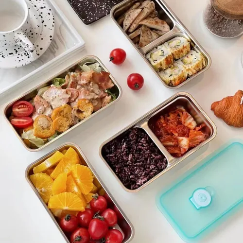 Vista 9 de Recipientes reutilizables de acero inoxidable con tapas, contenedores de doble compartimento para aperitivos, recipientes pequeños para condimentos