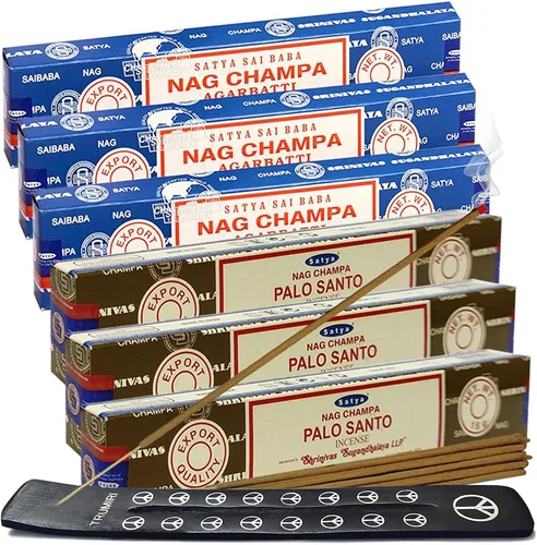 Vista 24 de Varillas de incienso de Sangre de Dragón y Palo Santo con soporte, paquete de variedad de la marca House of Nag Champa y Trumiri