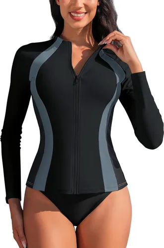 Vista 11 de ATTRACO Camisas de manga larga para mujer, chaquetas con cremallera completa, protección solar, traje de baño de surf #1 Aqua