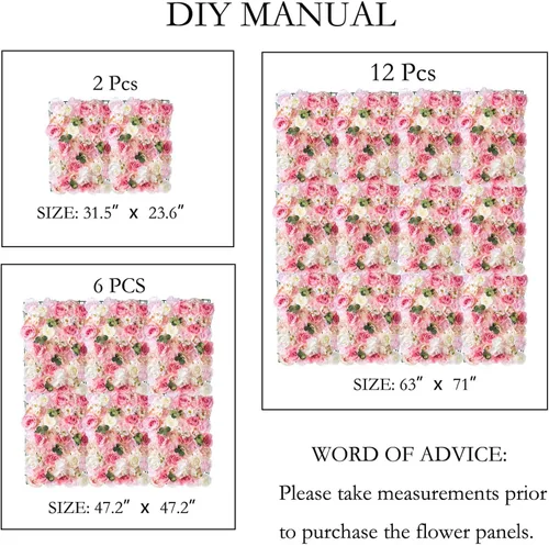 Vista 10 de NUPTIO Panel de pared de flores para telón de fondo: 12 piezas de 24 x 16 rosas artificiales blancas y rosas de imitación para decoración de bodas