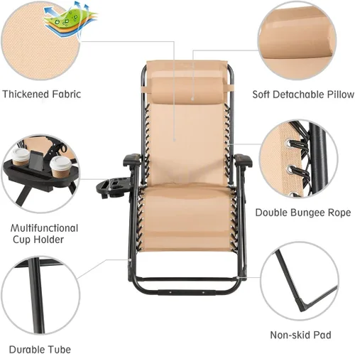 Vista 6 de DORTALA Silla Zero Gravity, silla de descanso con soporte para tazas, tela transpirable, reposacabezas desmontable, tumbona resistente de 500 libras