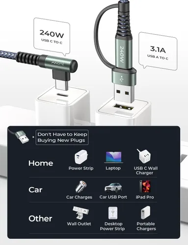 Vista 3 de AINOPE Cable USB C Largo de 100W Multi 4 en 1 Cable de Carga Cargador Tipo C de Carga Rápida USB a USB C, Ángulo Recto Compatible con iPhone 16 15
