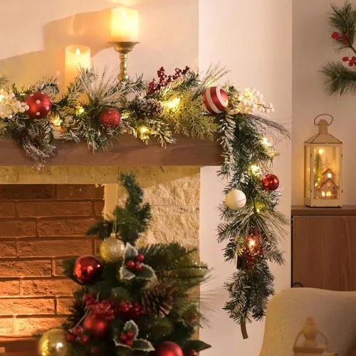 Vista 3 de Valery Madelyn - Guirnalda de Navidad de 1.8 m preiluminada con luces para repisa, guirnalda iluminada de Navidad para exteriores con bolas rojas