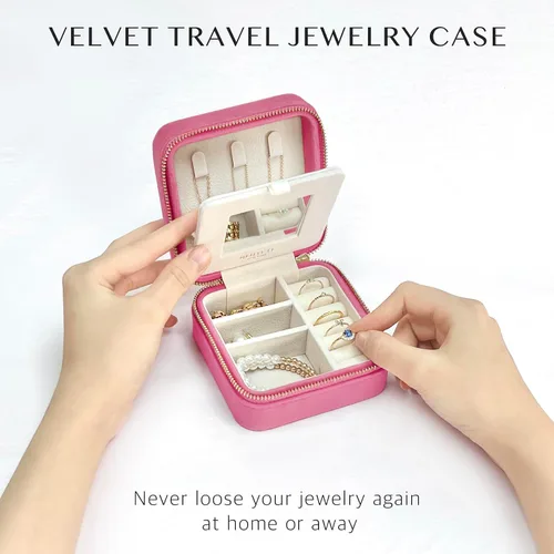 Vista 6 de BLUTETE Joyero de viaje organizador de terciopelo con espejo, anillos, aretes, collares, caja organizadora de almacenamiento (rosa baya)