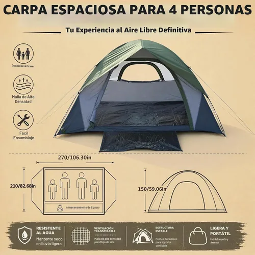 Vista 6 de XL Tienda de campaña con cúpula para 4 a 6 personas, doble capa impermeable, desmontable para senderismo al aire libre, pesca Tents