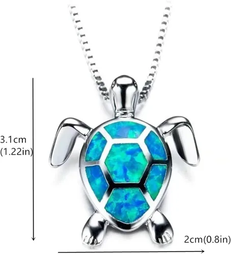 Vista 4 de Juego de collar y aretes de tortuga marina de ópalo para mujeres y niñas, hipoalergénicos, delicados, lindos animales del océano, piedra natal azul