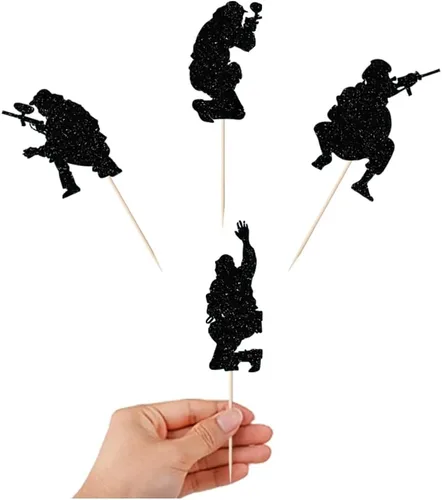 Vista 4 de Decoración para tartas de soldado con temática militar, 12 vasos de papel con purpurina negra, Día del soldado, veteranos, cumpleaños de hombres