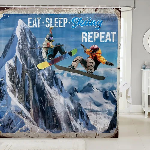 Vista 8 de Cortina de ducha de esquí negro con teñido anudado gris para niños, niñas, adultos, decoración de habitación de esquí, deportes, juegos, cortina