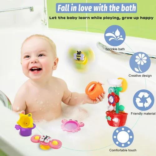 Vista 6 de Juguetes de baño para niñas para niños de 1 a 3 años Mesa de agua con ventosa y rotación Juguetes de bañera para niños pequeños con tazas apilables