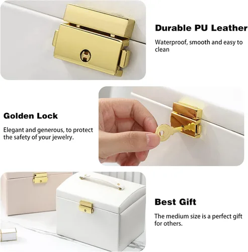 Vista 4 de DREAM&GLAMOUR - Cajas de joyería para mujer, 3 capas, organizador de joyería de piel sintética con espejo y cerradura. Caja de joyería portátil