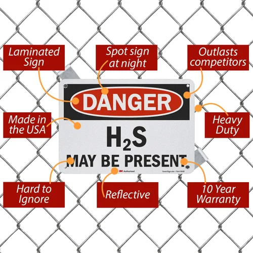 Vista 4 de SmartSign Letrero con texto en inglés "Danger - H2S May Be Present", aluminio reflectante 3M de 7 x 10 pulgadas