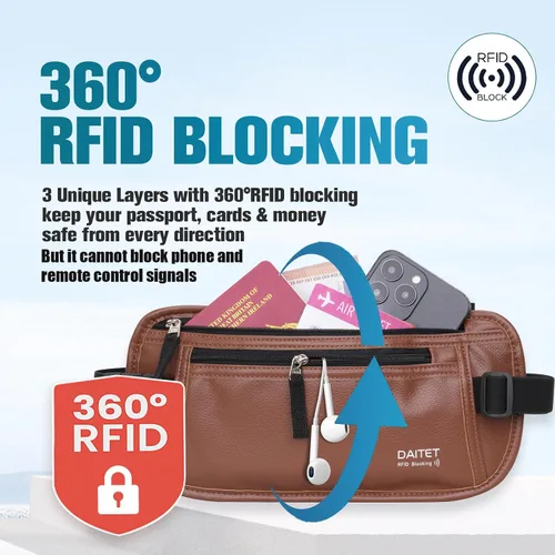Vista 10 de DAITET Cinturón de dinero, soporte para pasaporte, cartera de viaje oculta segura con bloqueo RFID, riñonera encubierta (negro), Negro, Rfid