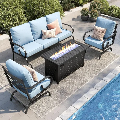 Vista 23 de PHI VILLA Patio Furniture Set with 4 Rocking Chairs & Fire Pit, Beige