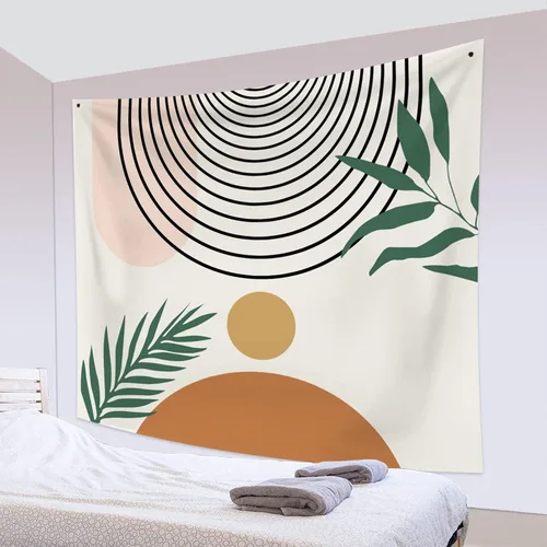 Vista 2 de Tapiz bohemio de mediados de siglo, moderno abstracto geométrico, tapiz con diseño de arco de sol, hojas verdes, tapices para colgar en la pared, 59