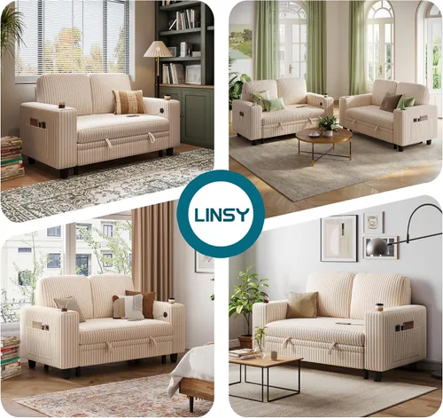 Vista 8 de LINSY HOME Sofá Loveseat con Almacenamiento - Cómodo Sofá de Pana Suave de 2 Plazas con Carga USB y Portavasos, Loveseat de Asiento Profundo