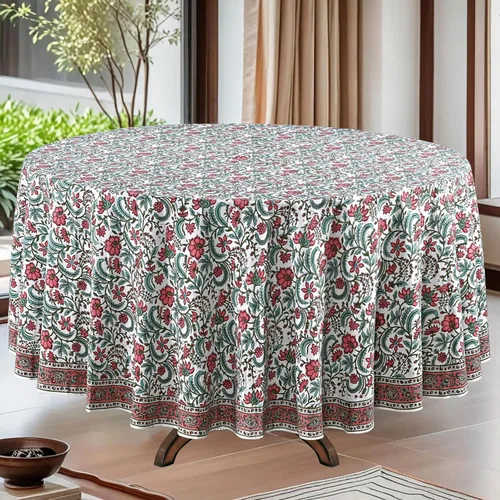 Vista 20 de Mantel redondo con estampado de bloque a mano, 100% algodón, reutilizable, color verde espárragos, 60 pulgadas, mantel decorativo para uso diario