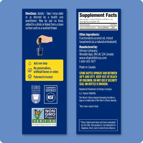 Vista 3 de Ddrops Adultos 2000IU 180 gotas - Suplemento líquido de vitamina D3, apoyo a huesos fuertes y sistema inmunológico