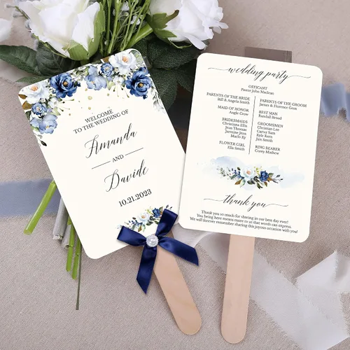 Vista 3 de DORIS HOME Abanico de Programa de Bodas Azules Personalizado, 50 Uds., 5 pulgadas de ancho x 7 pulgadas de alto, lazos de cinta azul con perlas 5