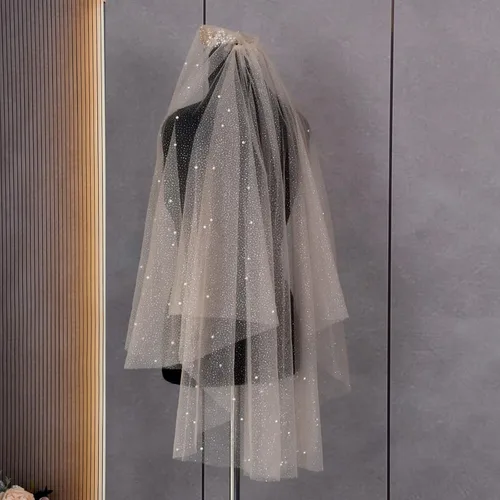 Vista 5 de Velo de novia de boda de 2 niveles de tul suave con perlas longitud de los dedos con peine