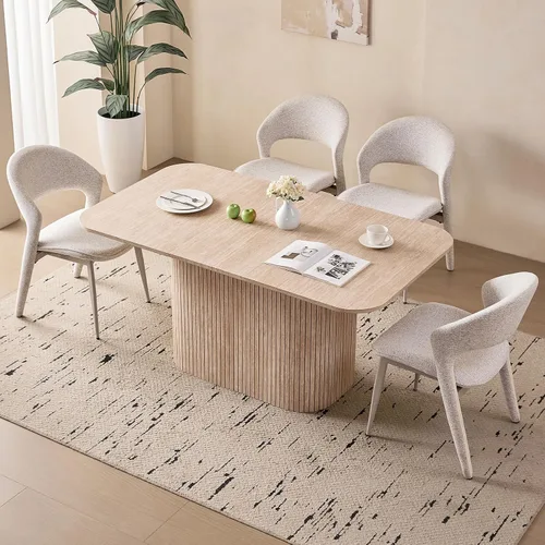 Vista 22 de Juego de 4 mesas de comedor grandes de 63 pulgadas para 4, esquinas redondeadas, mesa de cocina rectangular moderna de madera con sillas Boucle