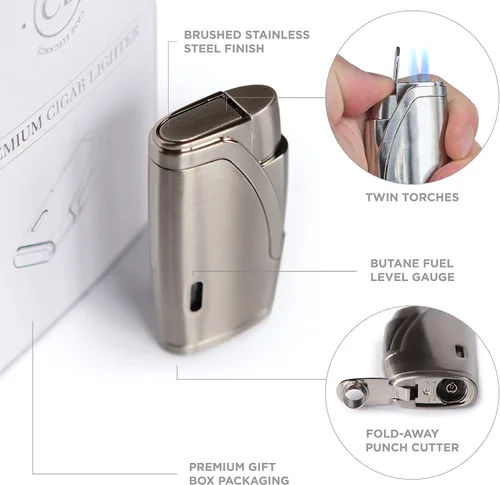 Vista 3 de CASE ELEGANCE Acabado de acero inoxidable cepillado con encendedor de cigarros de doble antorcha