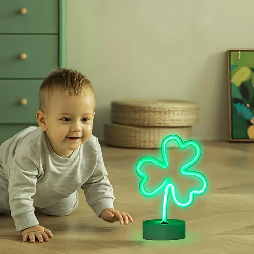 Vista 4 de ENUOLI Letreros de neón LED con forma de trébol, luces decorativas verdes, funciona con USB/batería, luces de decoración con base, letrero de neón