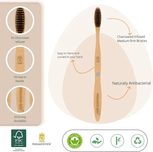 Vista 2 de Juego de 4 cepillos de dientes de bambú natural, cerdas medianas sin BPA, ecológicos, mango biodegradable, infusión de carbón y base orgánica