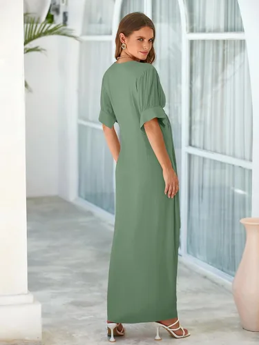 Vista 4 de Fisoew Vestido de verano con botones para mujer, vestido largo de manga corta abombada, cuello en V profundo, vestido largo
